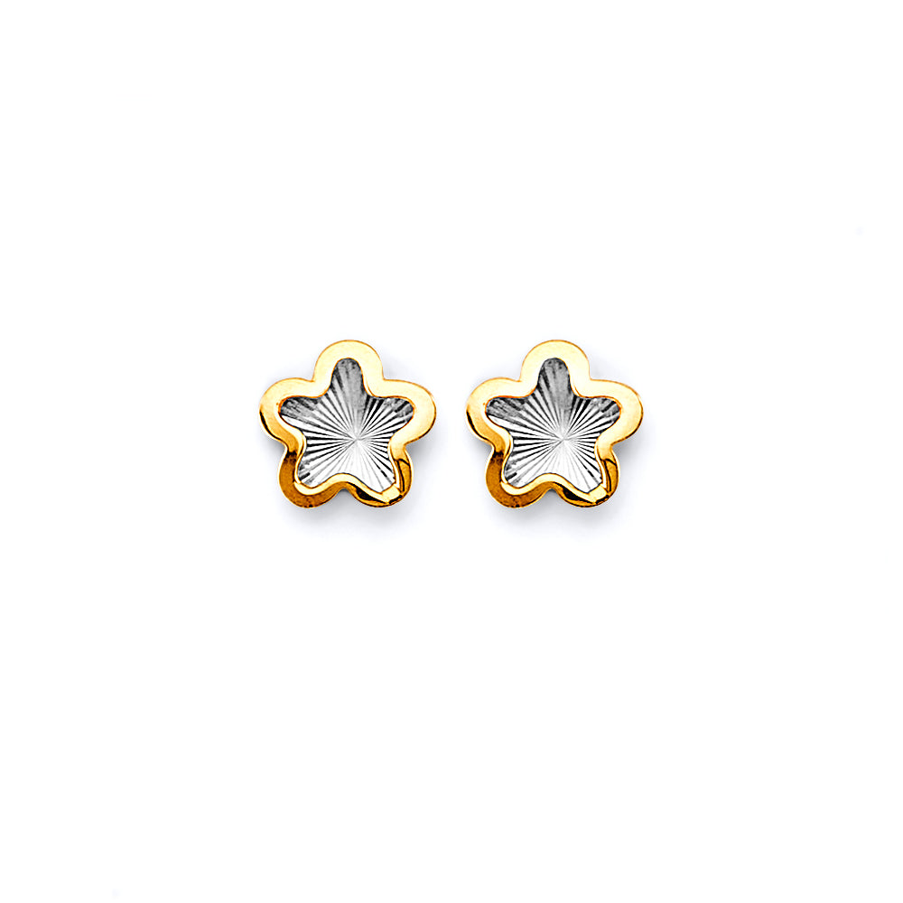 14K Two Tone Gold Diamond Cut Star Push Back Earring