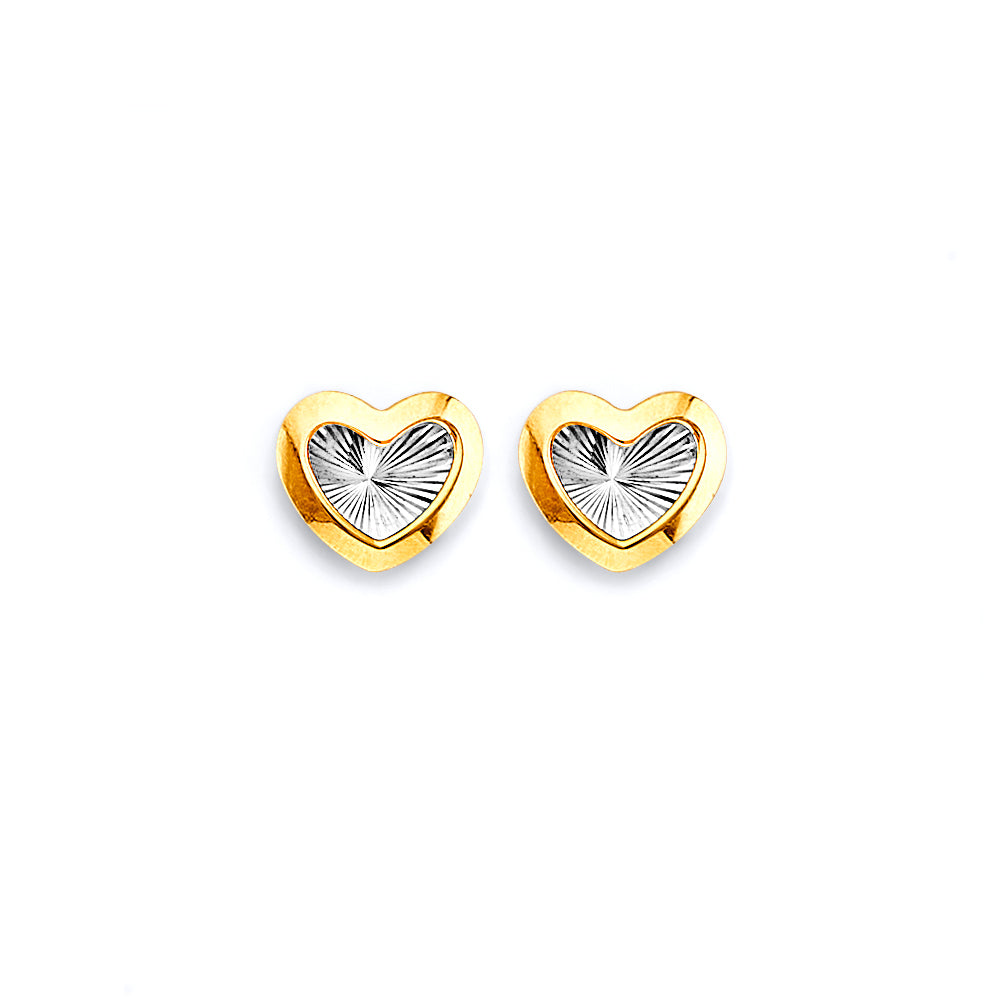 14K Two Tone Gold Diamond Cut Heart Push Back Earring
