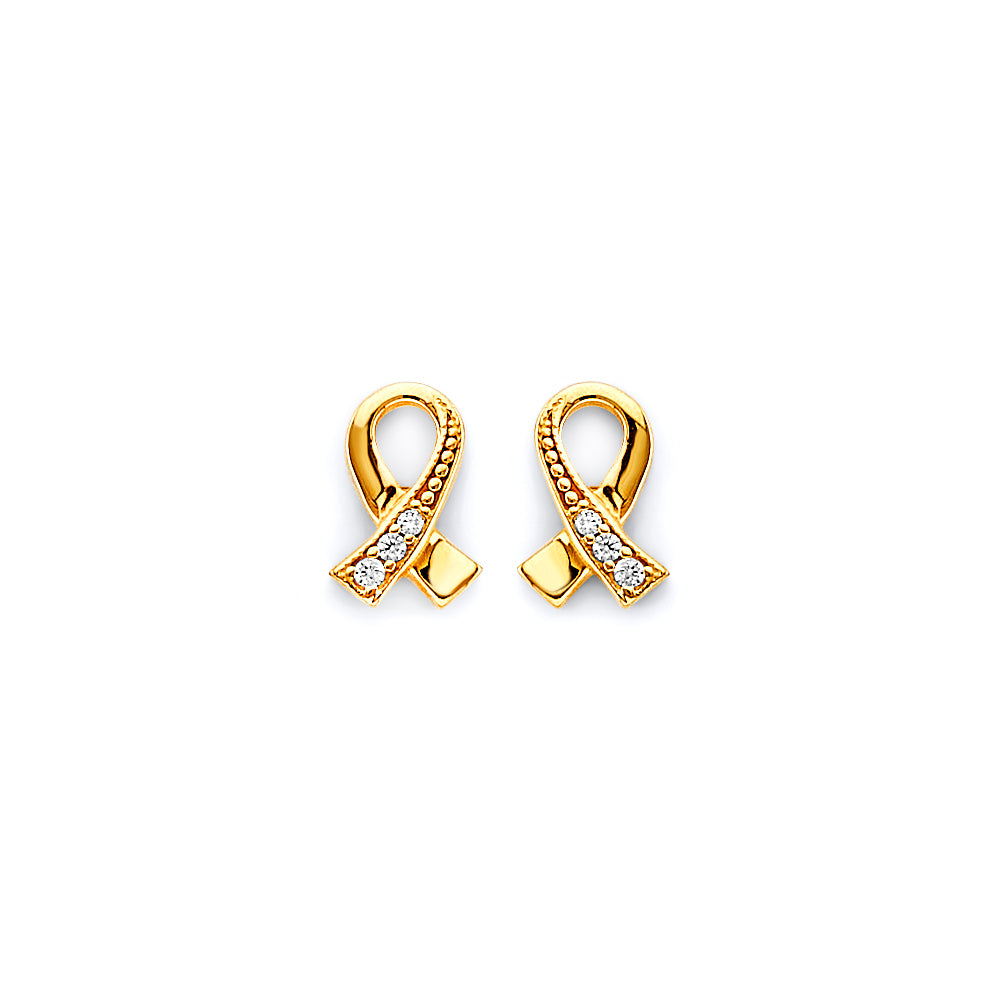 14K Yellow Gold CZ Cancer Ribbon Push Back Earring