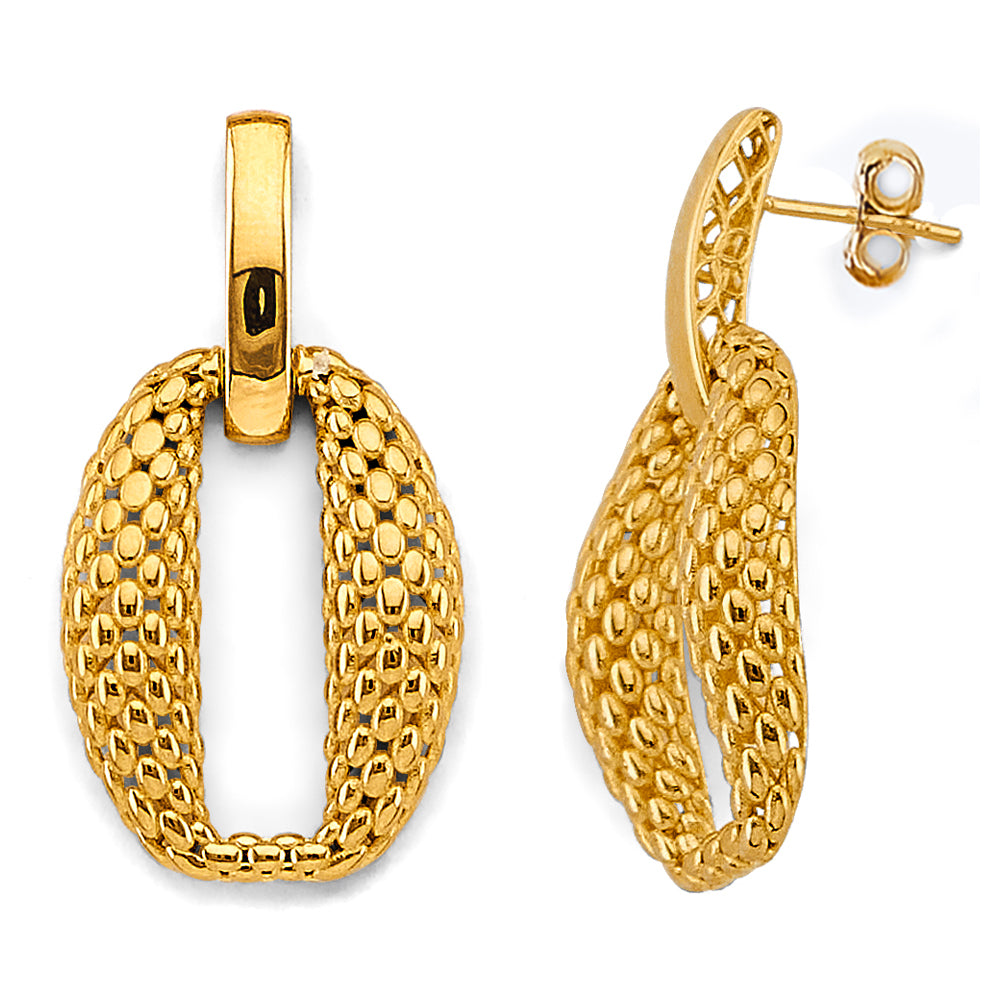 14K Yellow Gold Hollow Mesh Oval Design Earring