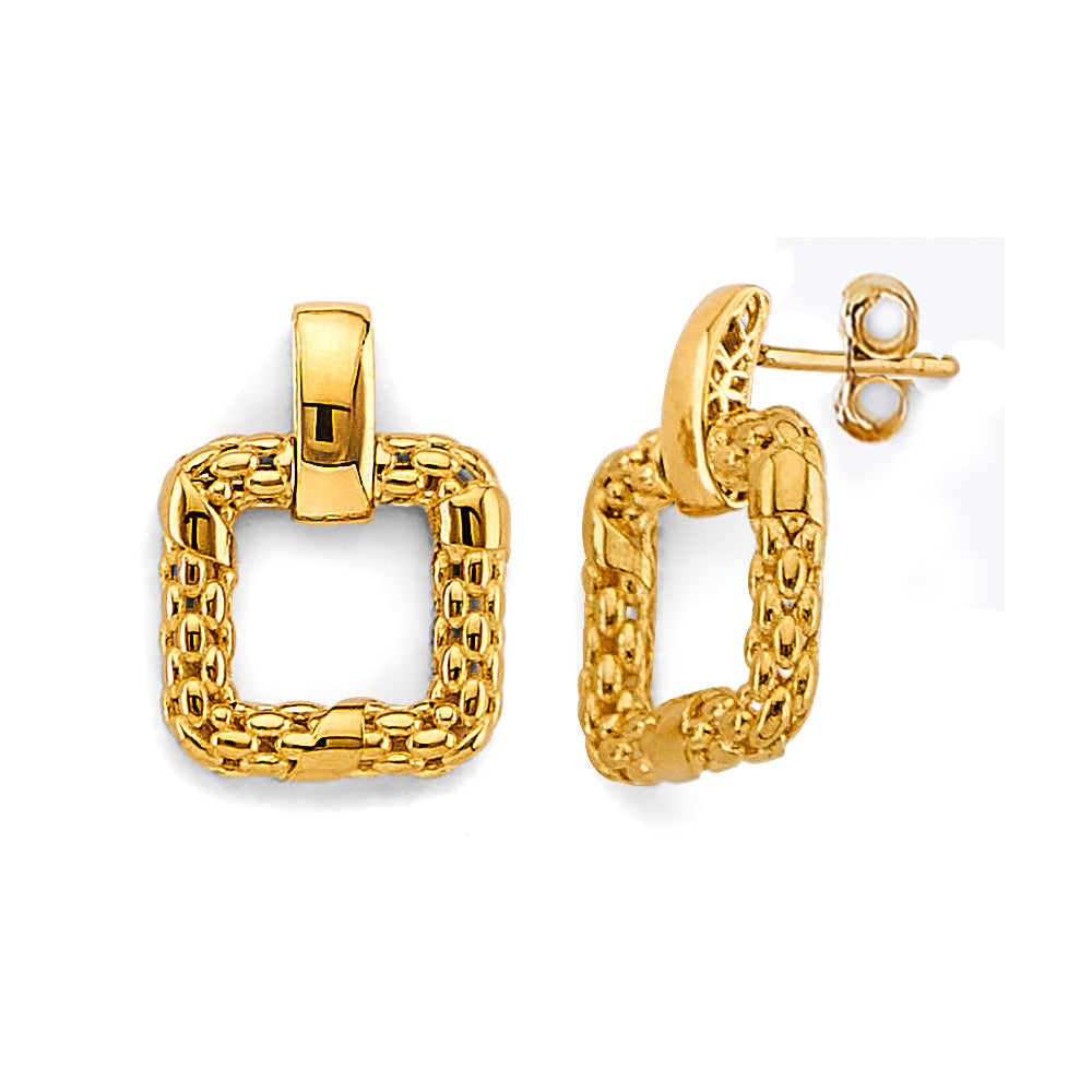 14K Yellow Gold Hollow Mesh Square Design Earring