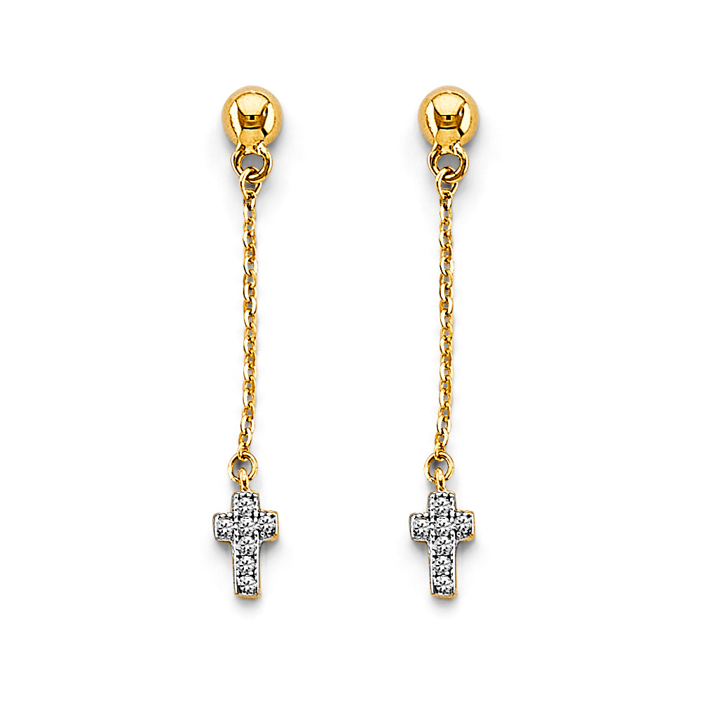 14K Two Tone Gold Hanging Cross Earring