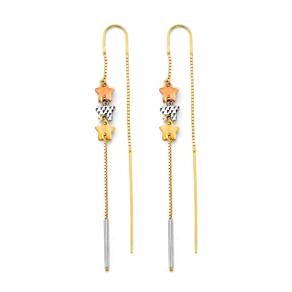 14K Yellow White Rose Gold Star Double Line Chain Earring