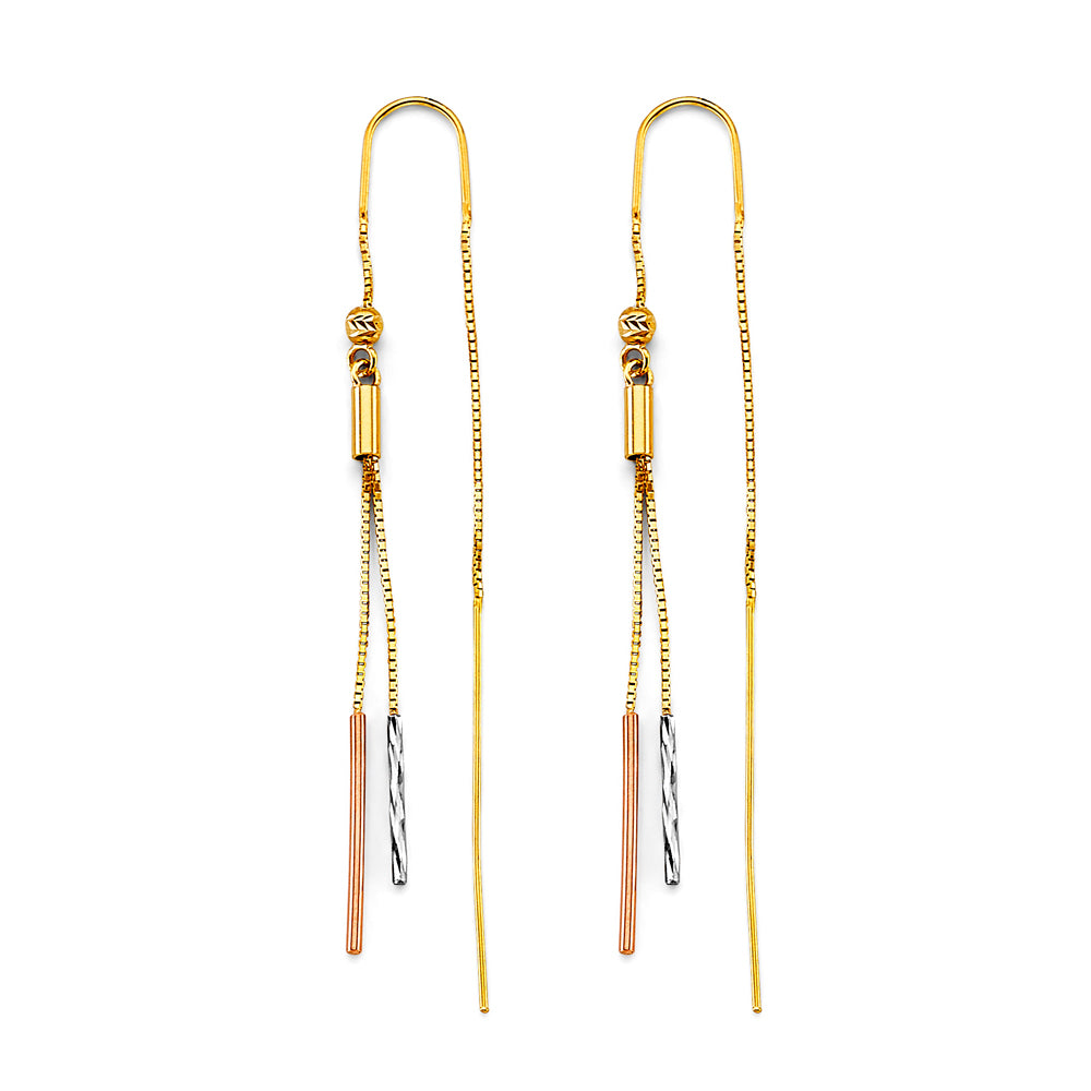 14K Yellow White Rose Gold Bar Double Line Chain Earring