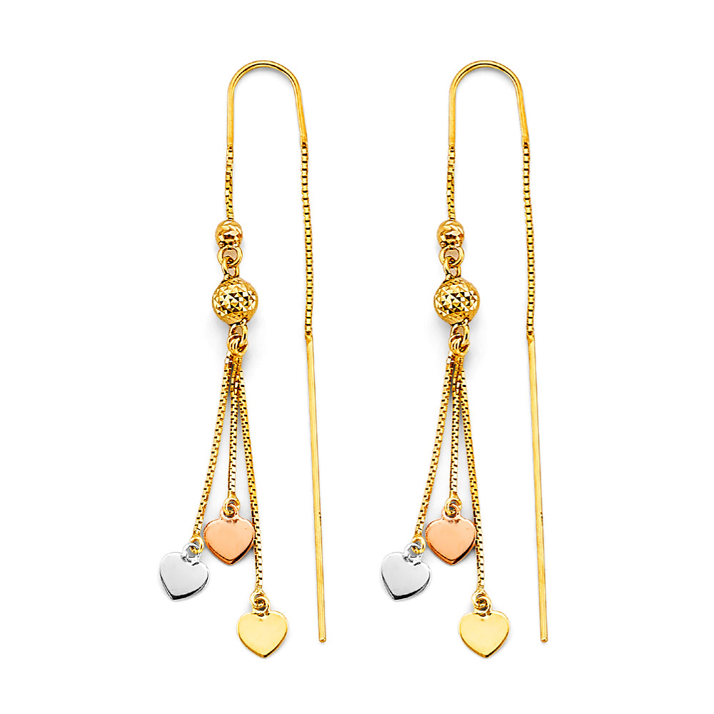 14K Yellow White Rose Gold Heart Double Line Chain Earring