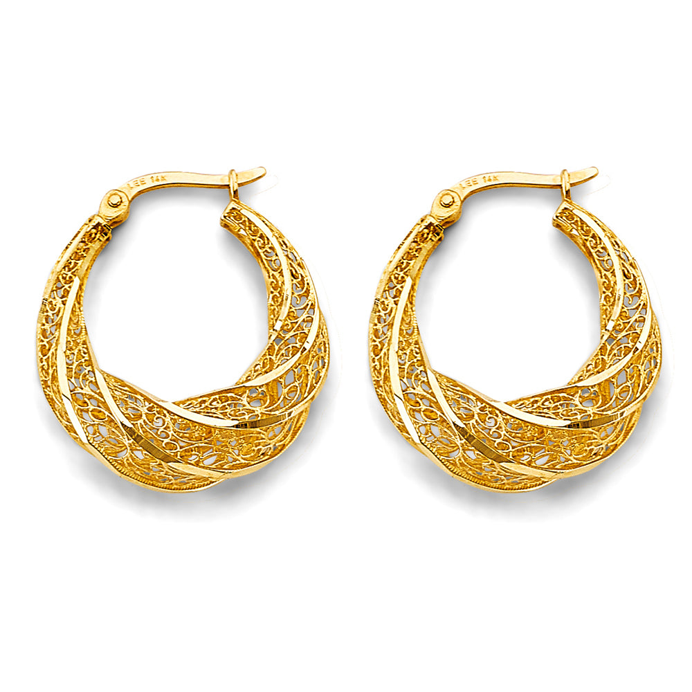 14K Yellow Gold Fancy Hollow Hoop Earring
