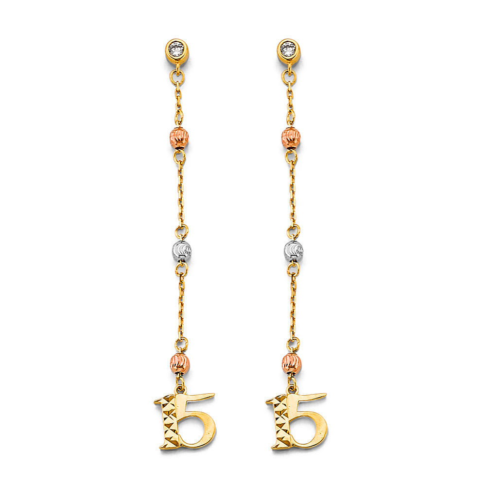 14K Yellow White Rose Gold Hanging CZ Ball 15 Years Earring