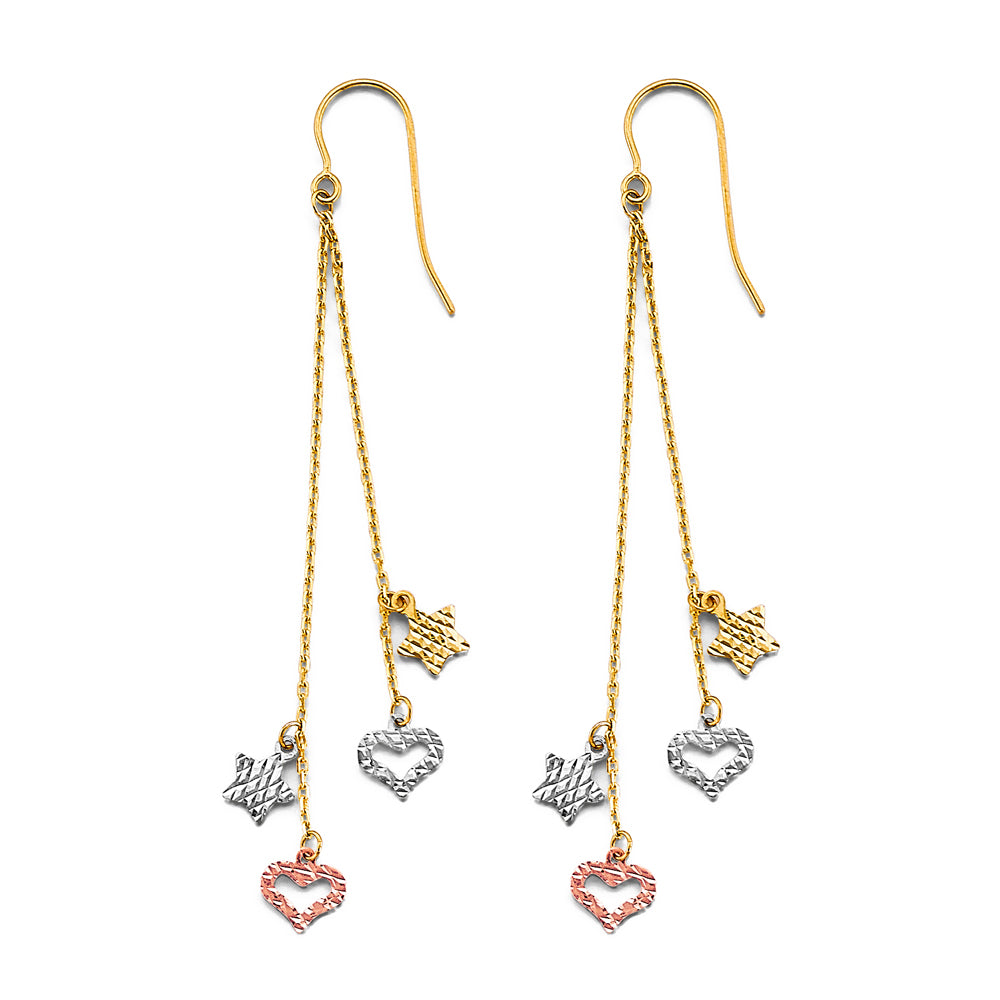 14K Yellow White Rose Gold Hanging Heart & Star Earring