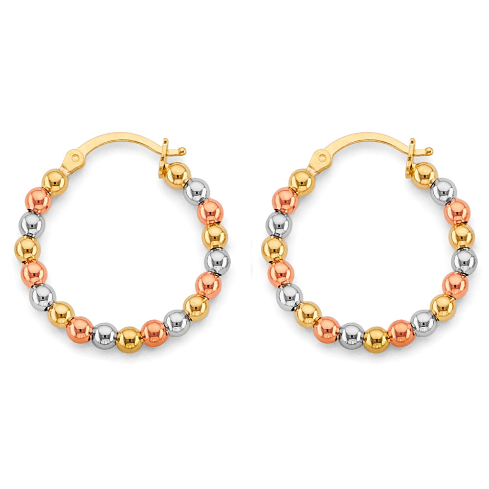 14K Yellow White Rose Gold Polish Bead Hoop Earring