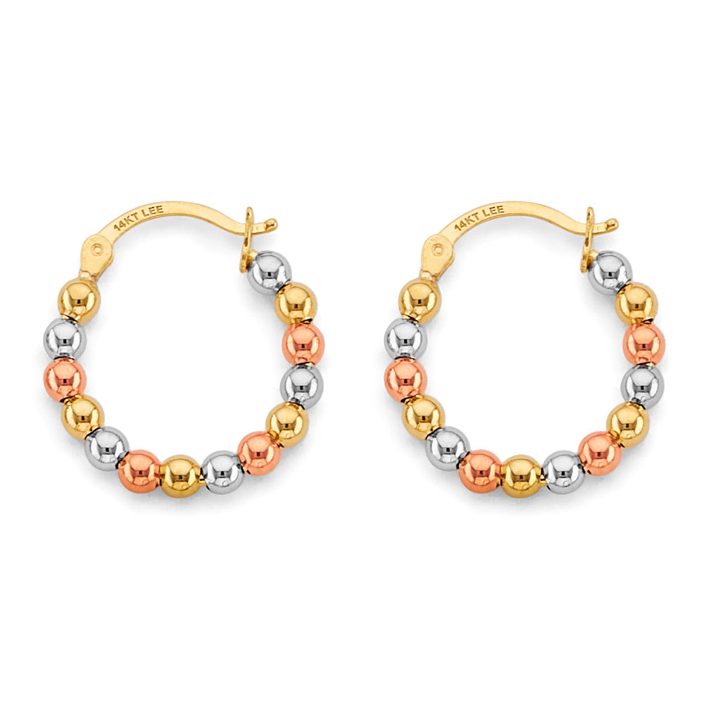 14K Yellow White Rose Gold Polish Bead Hoop Earring