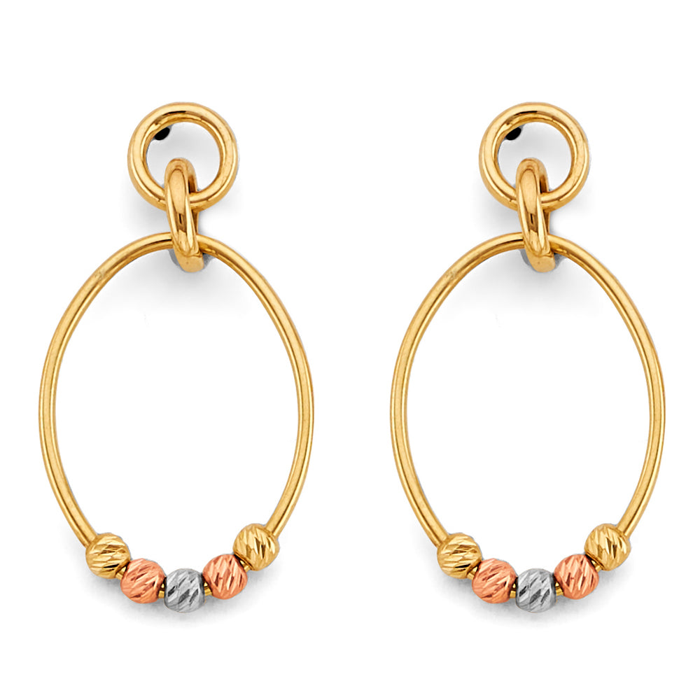 14K Yellow White Rose Gold Hanging Oval Tube W/ Bead Earring