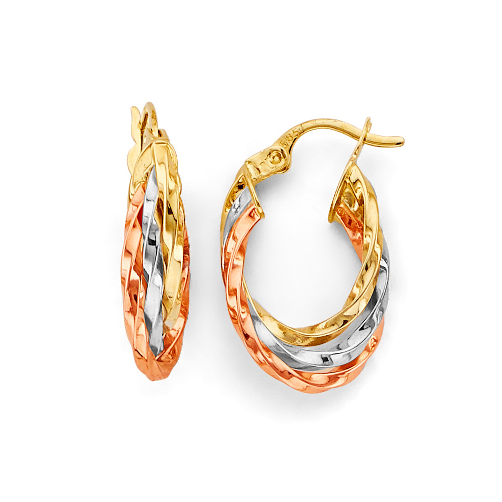 14K Yellow White Rose Gold 3Line Twisted Hoop Earring