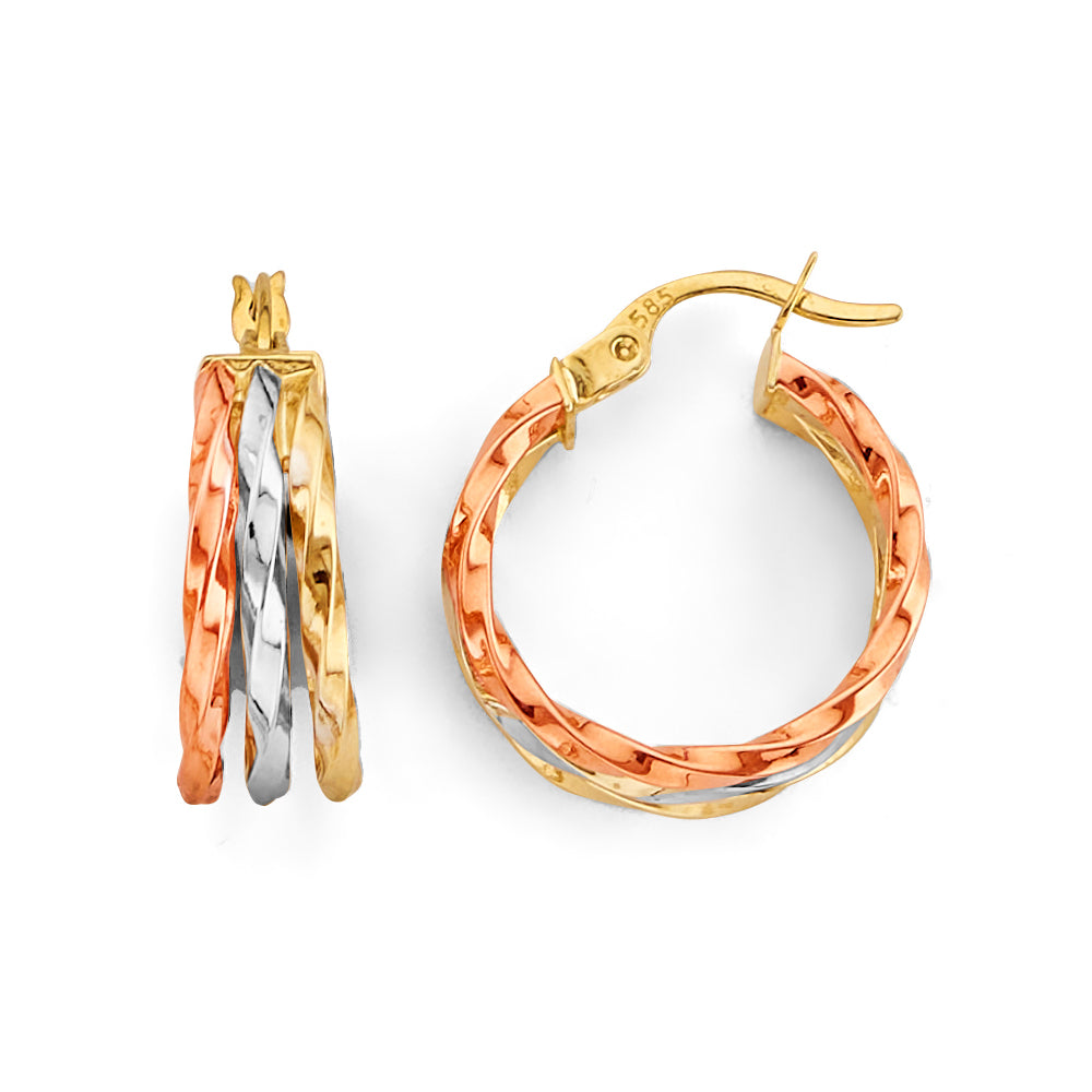 14K Yellow White Rose Gold 3Line Hoop Earring