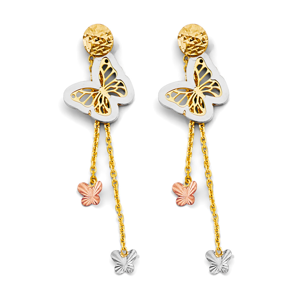 14K Yellow White Rose Gold Hanging Butterfly Earring