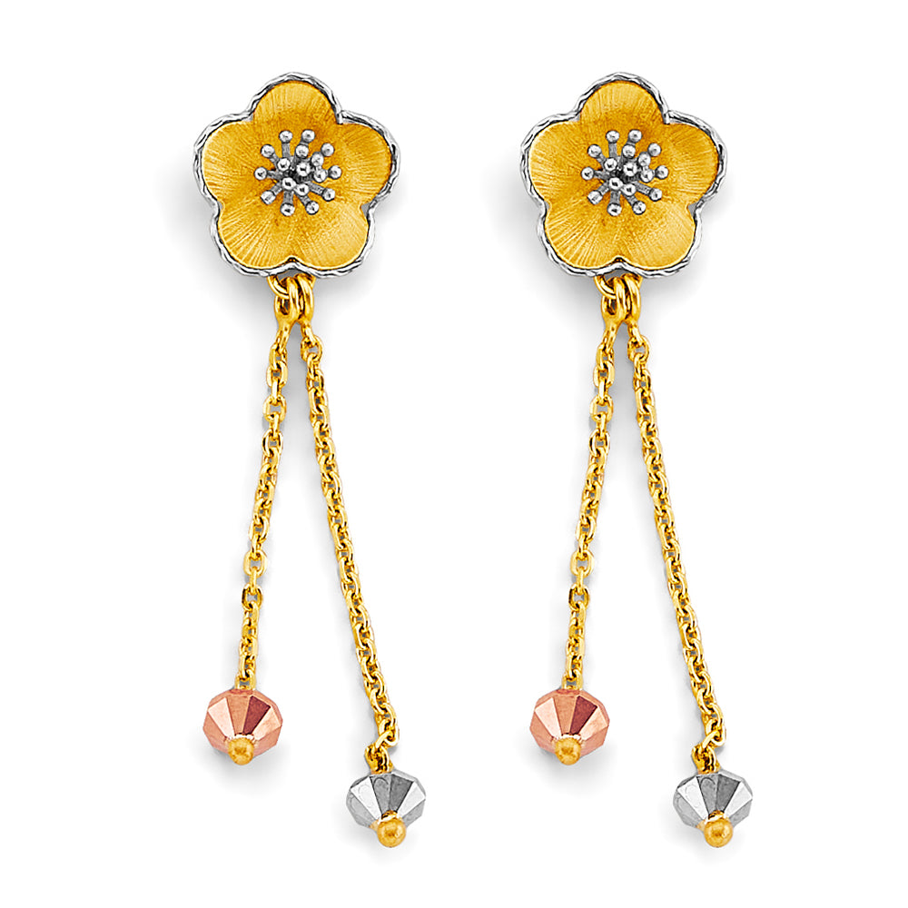 14K Yellow White Rose Gold Flower Hanging Earring