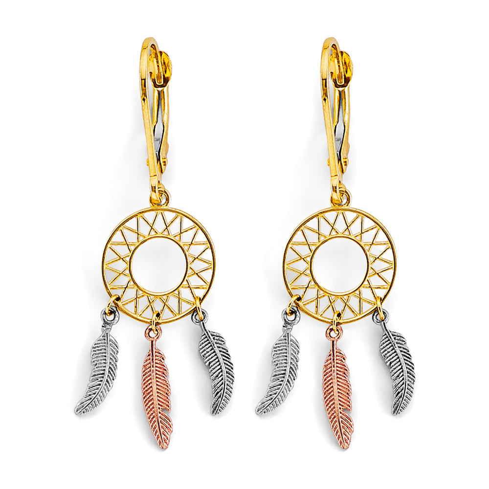 14K Yellow White Rose Gold Dream Catcher Drop Earring