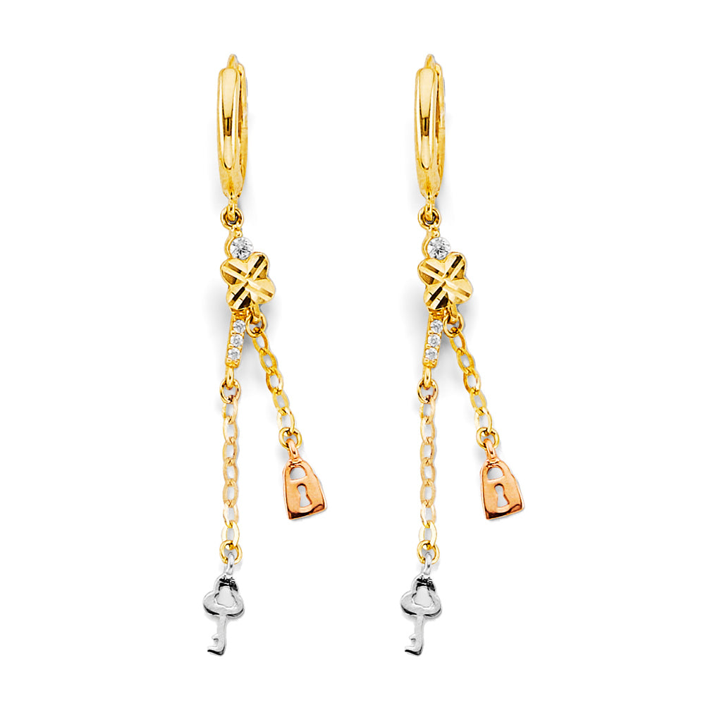 14K Yellow White Rose Gold Hanging Lock & Key Earring