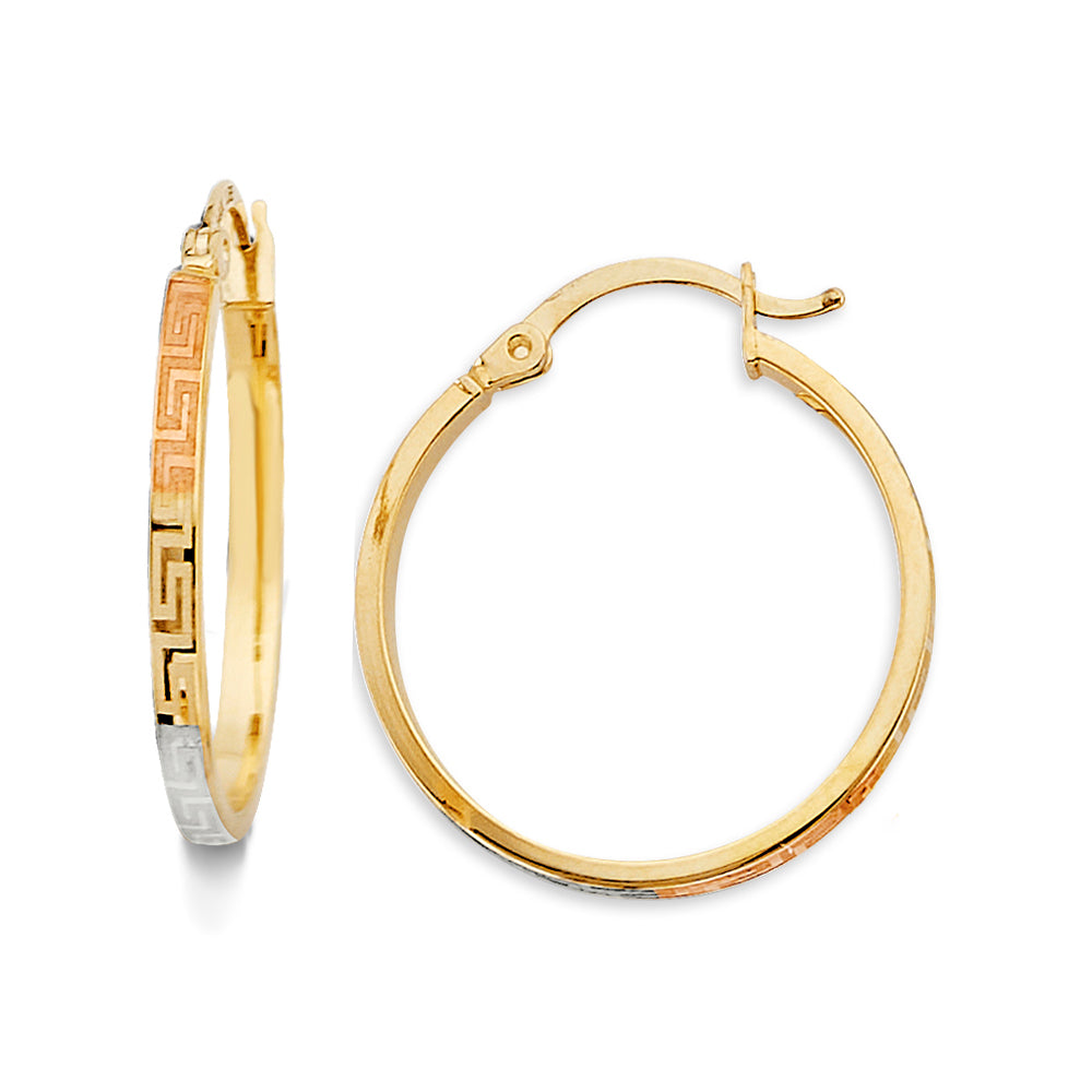 14K Yellow White Rose Gold Greek Design Hoop Earring