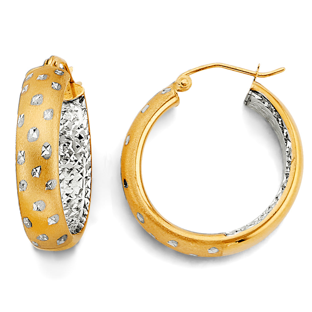 14K Two Tone Gold Satin Star Diamond Cut Hoop Earring
