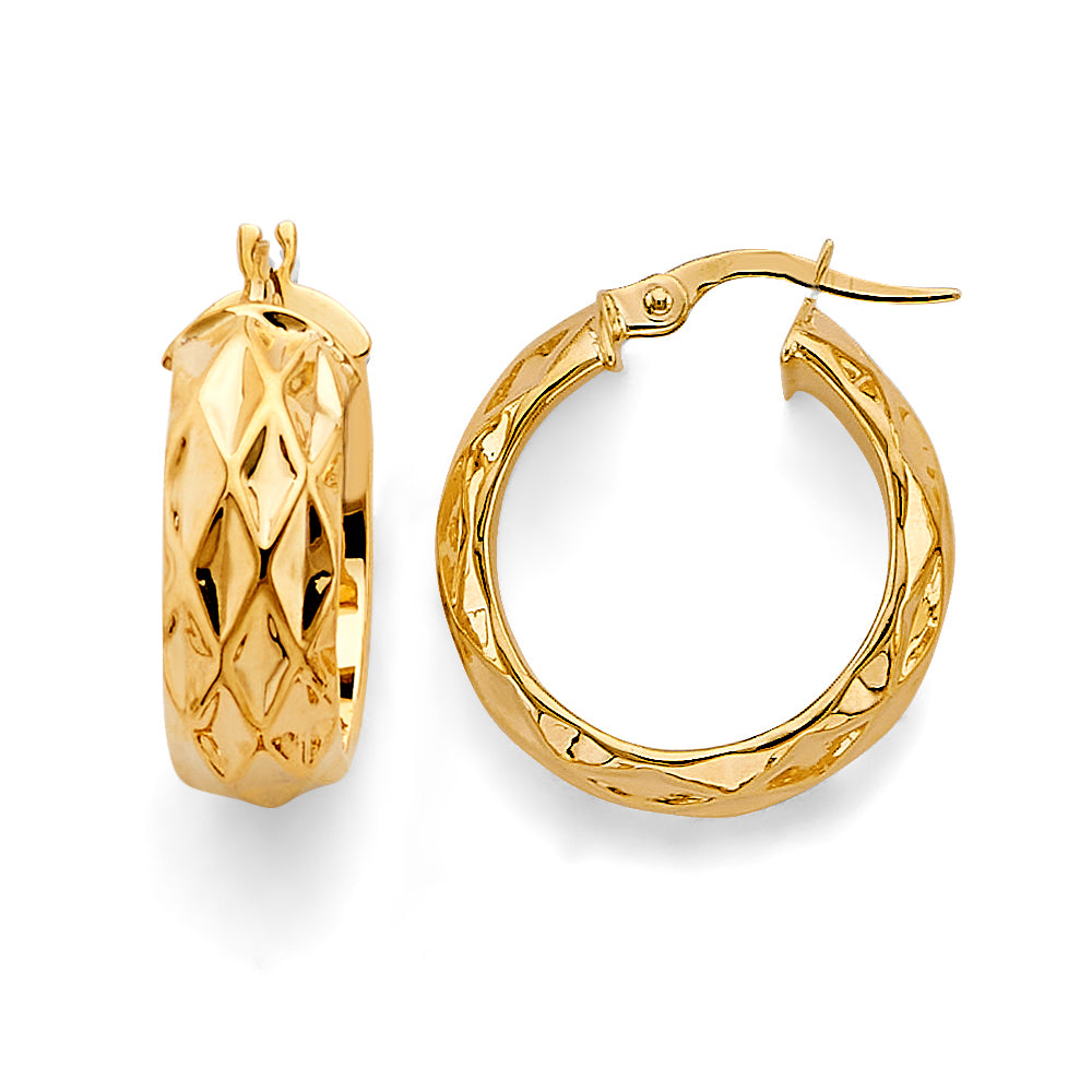 14K Yellow Gold Round Diamond Cut Shiny Hoop Earring