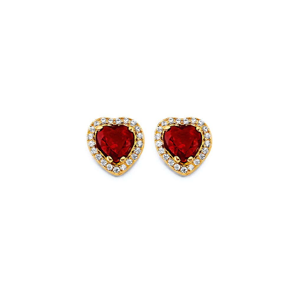 14K Yellow Gold Heart Shape Red CZ Push Back Ear