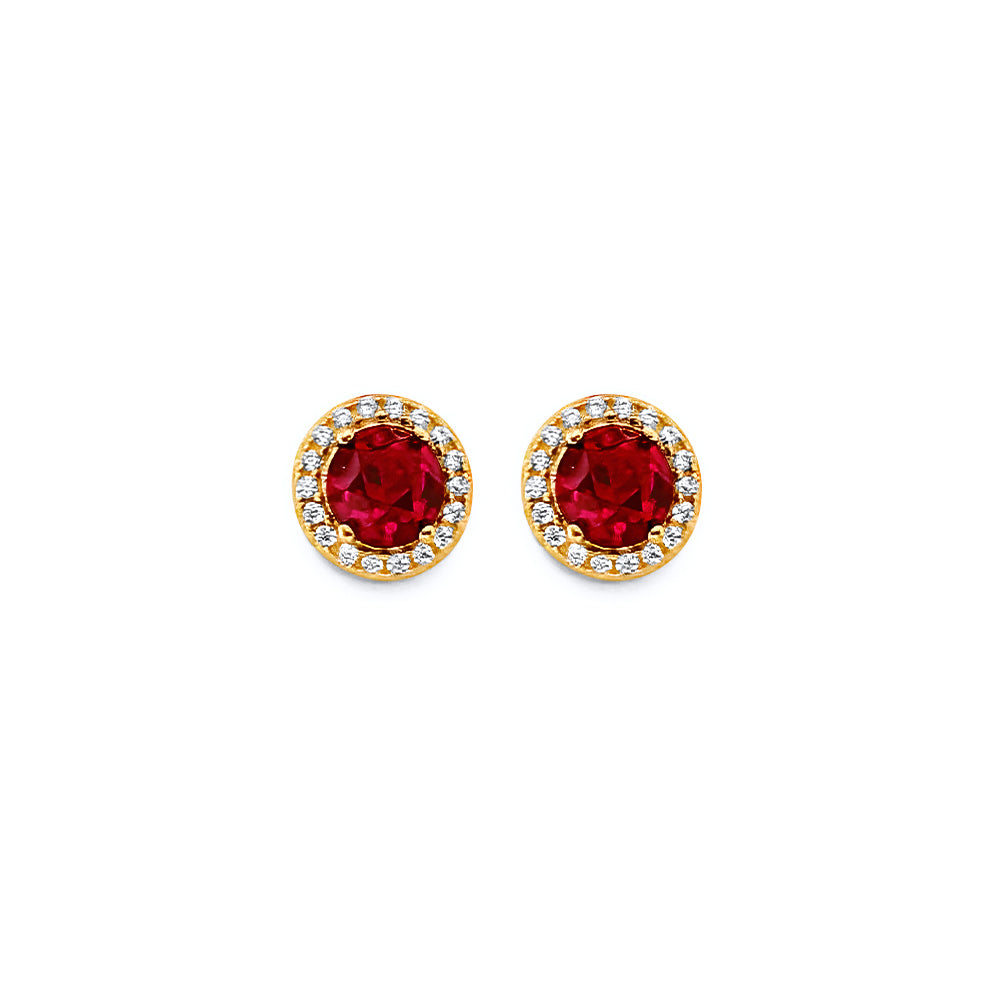 14K Yellow Gold Round Red CZ Push Back Earring