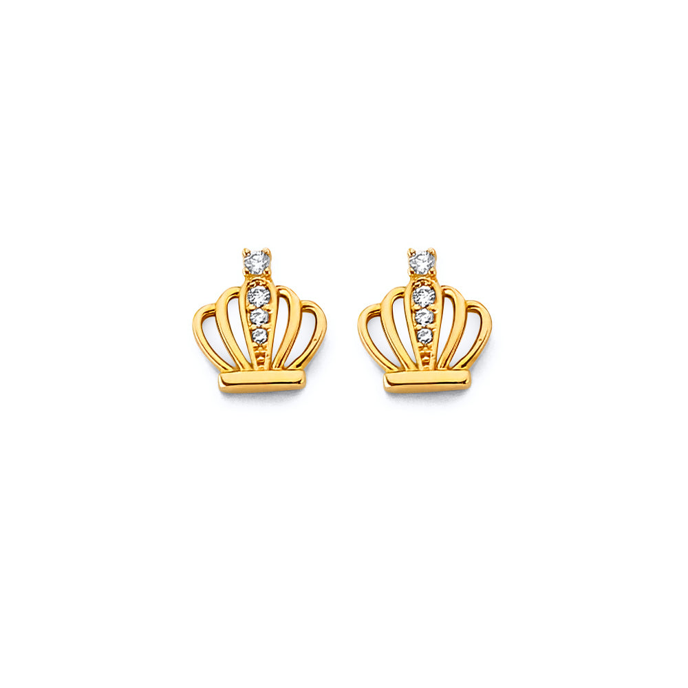14K Yellow Gold Crown CZ Push Back Earring
