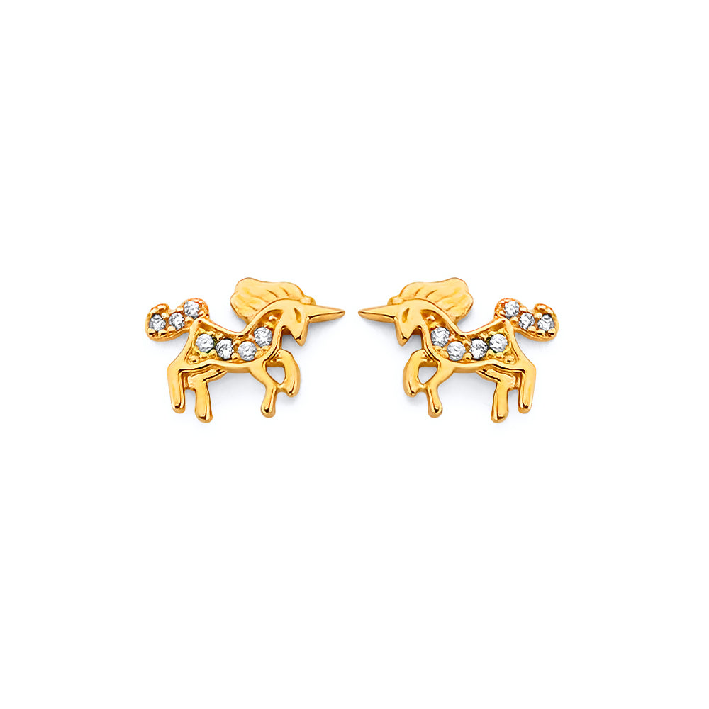 14K Yellow Gold CZ Unicorn Push Back Earring