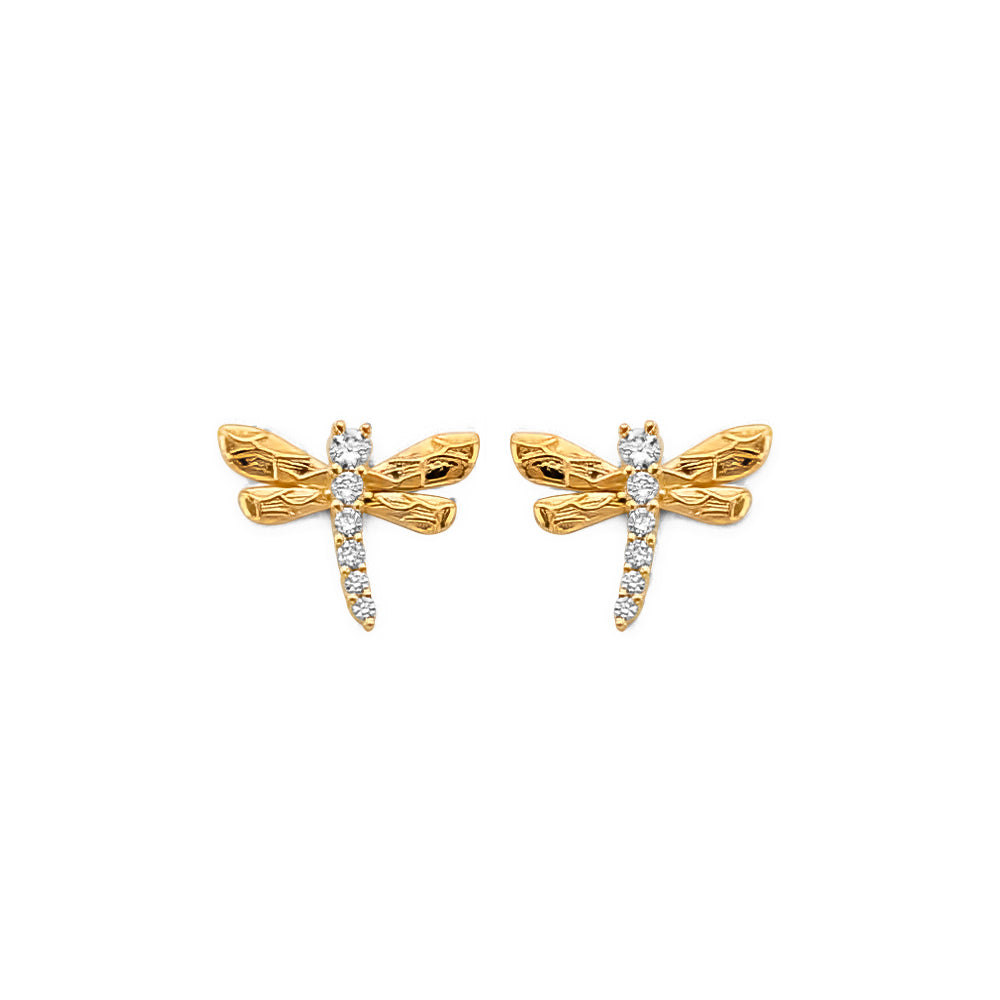 14K Yellow Gold CZ Dragonfly Push Back Earring