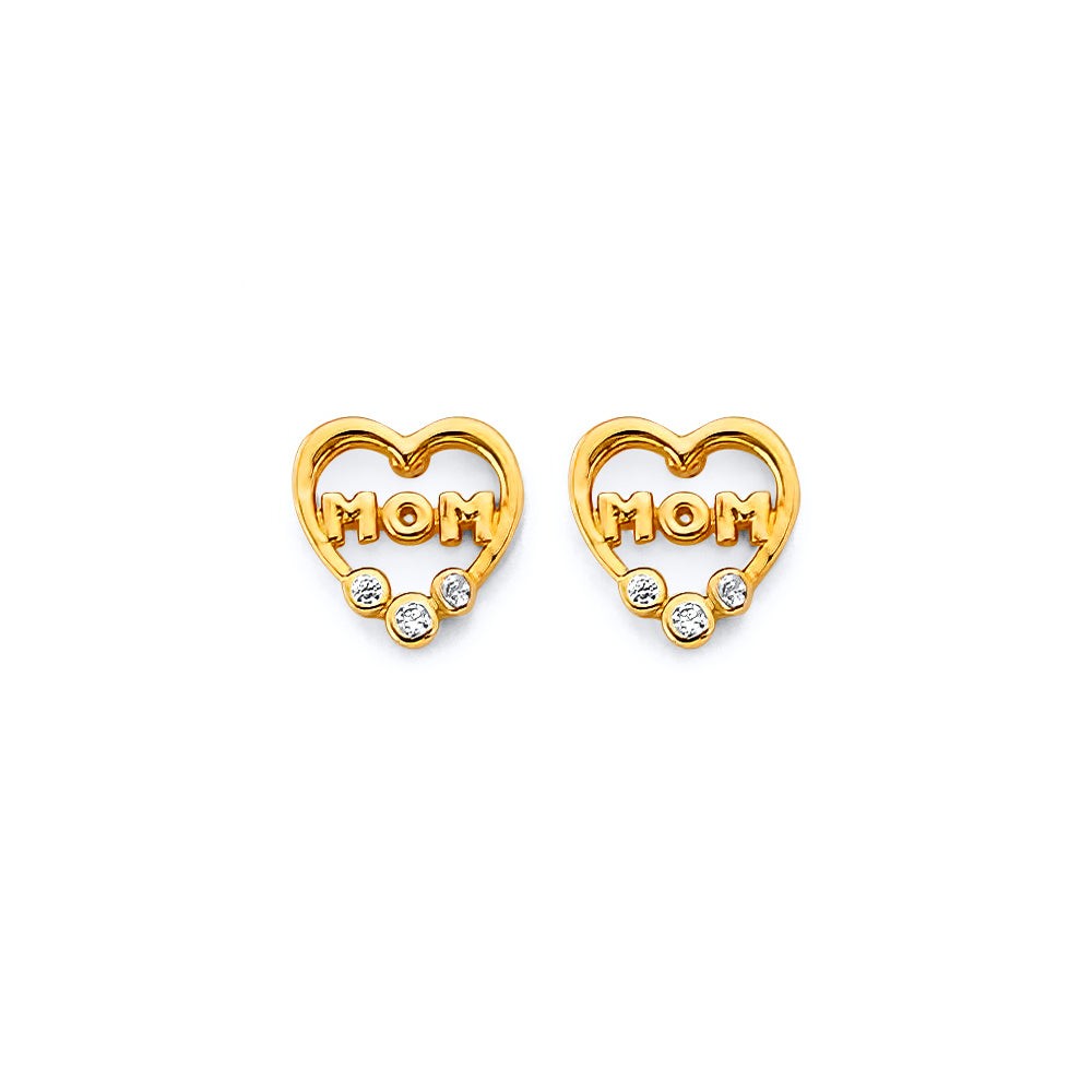 14K Yellow Gold CZ Heart-Mom Push Back Earring