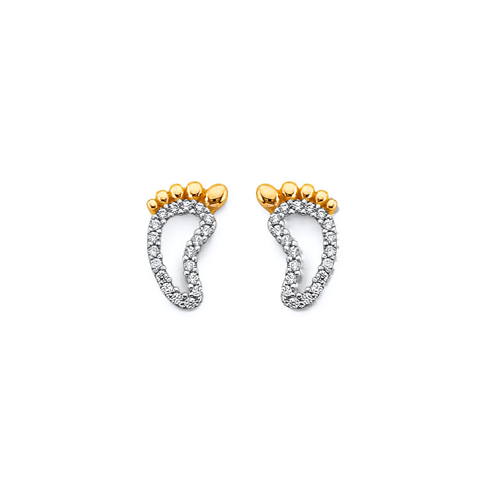 14K Two Tone Gold CZ Foorprints Push Back Earring
