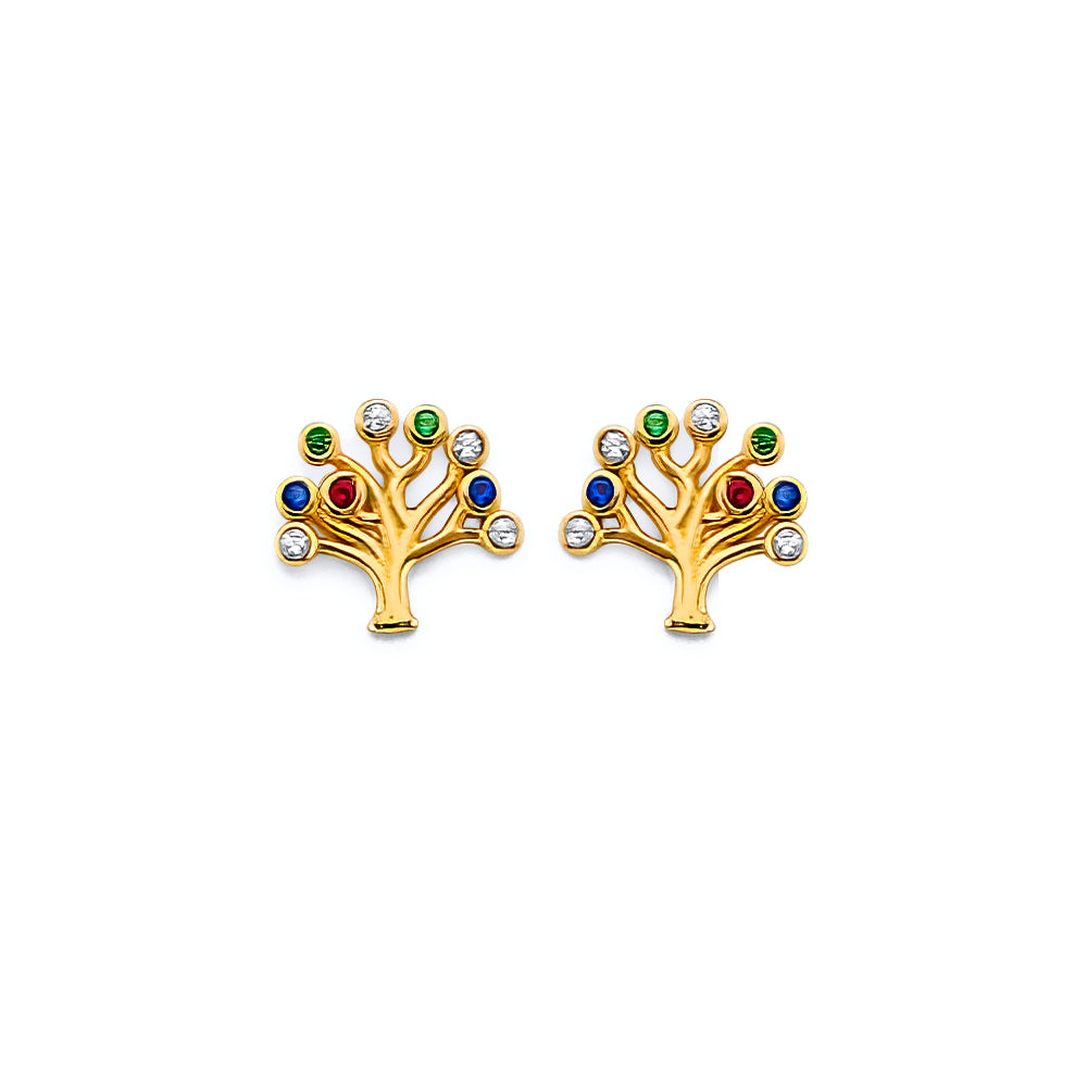 14K Yellow Gold CZ Tree Of Life Push Back Earring