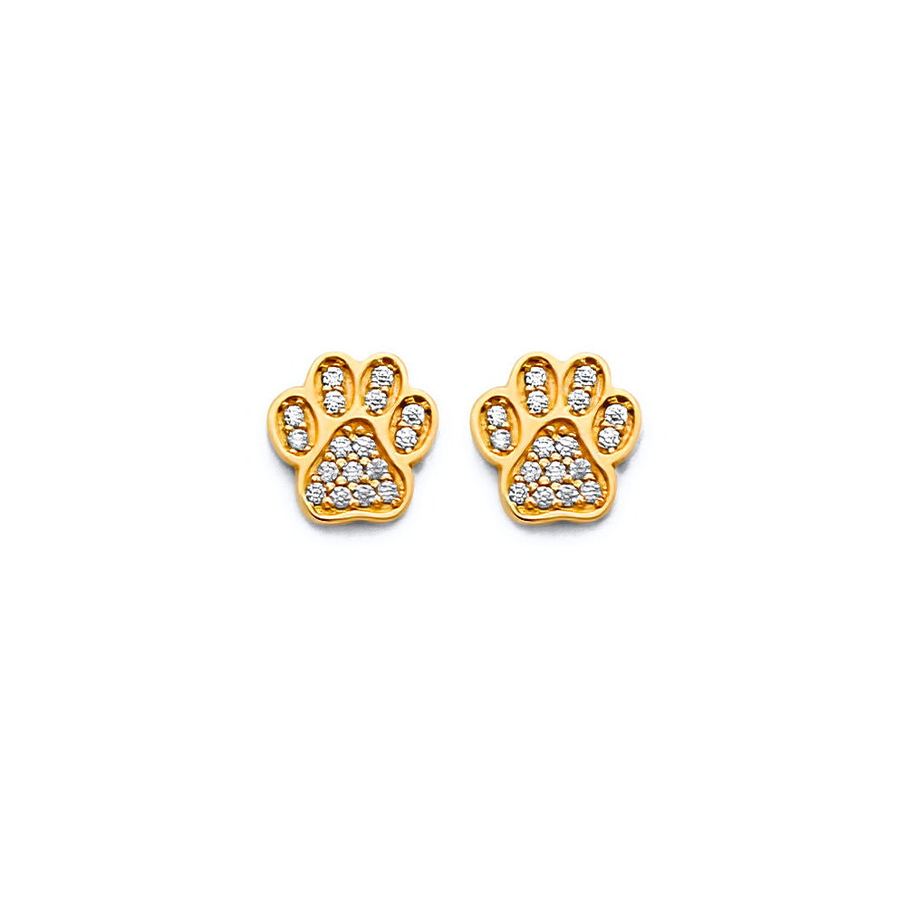 14K Yellow Gold CZ Paw Push Back Earring