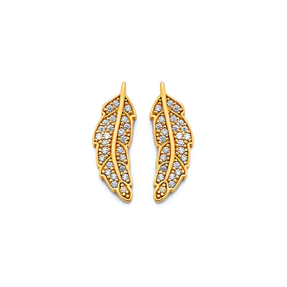 14K Yellow Gold CZ Feather Push Back Earring