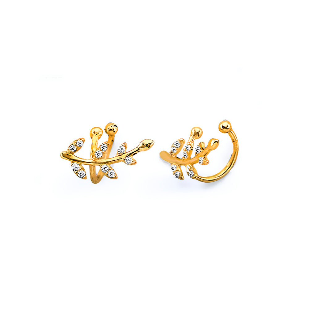 14K Yellow Gold CZ Leaf Earrings Cuff (Single Piece)