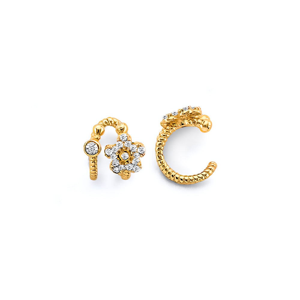 14K Yellow Gold CZ Flower Earrings Cuff (Single Piece)