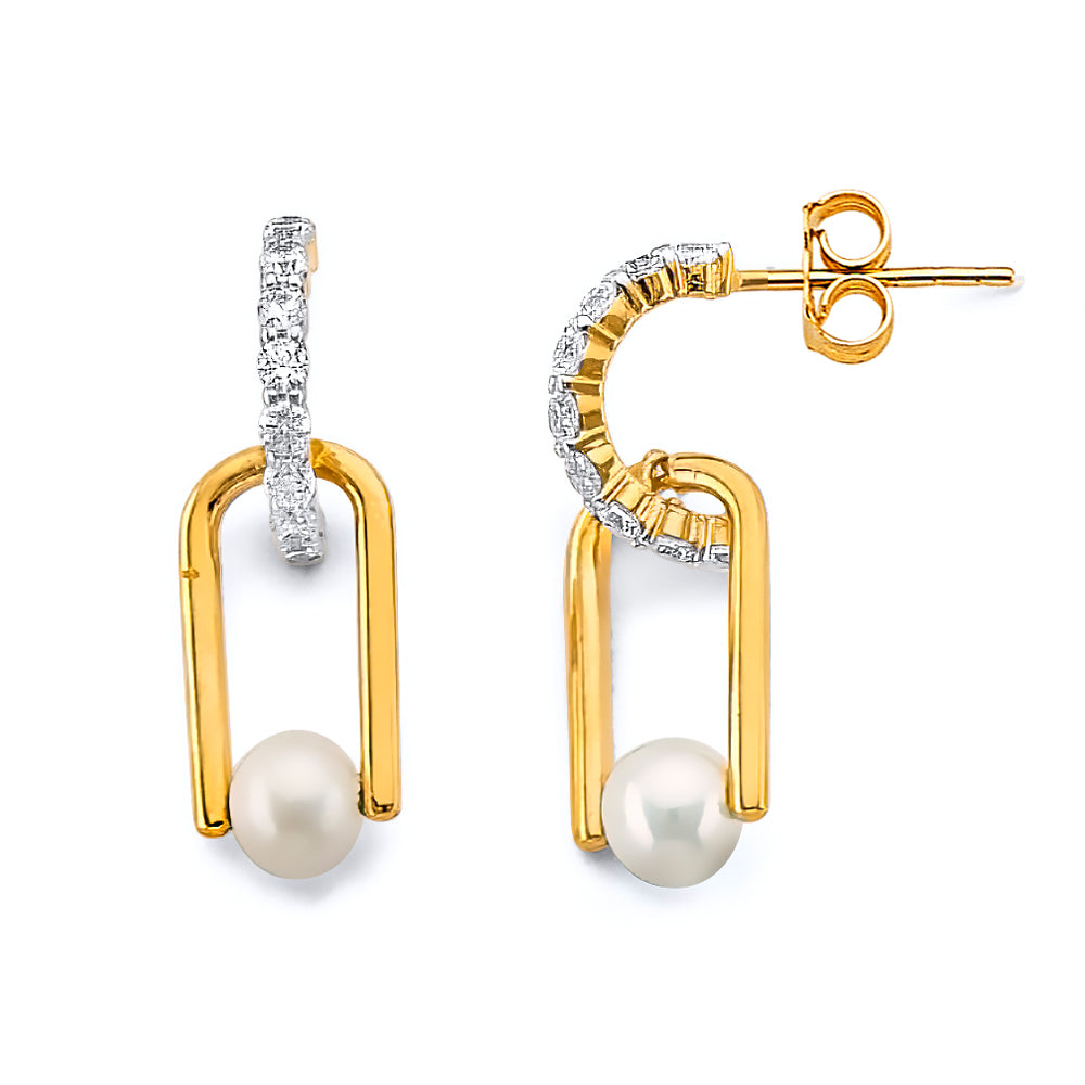 14K Two Tone Gold Pearl CZ Push Back Earring