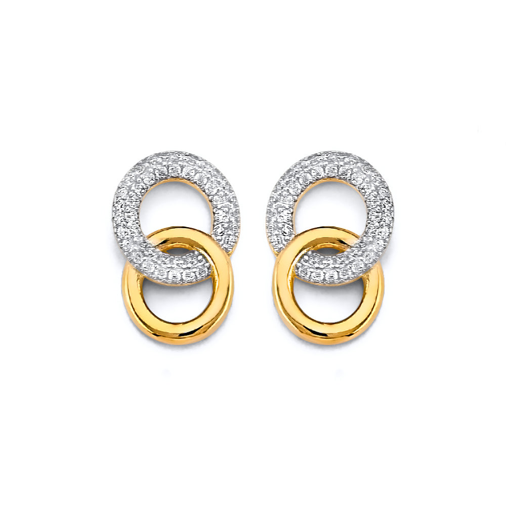 14K Two Tone Gold CZ Double Circle Push Back Earring