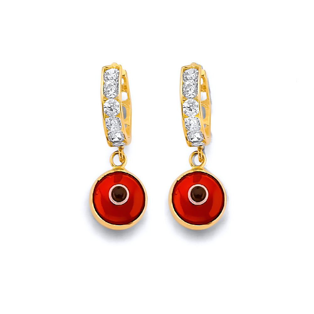14K Yellow Gold CZ Red Evil Eye Huggies Earring