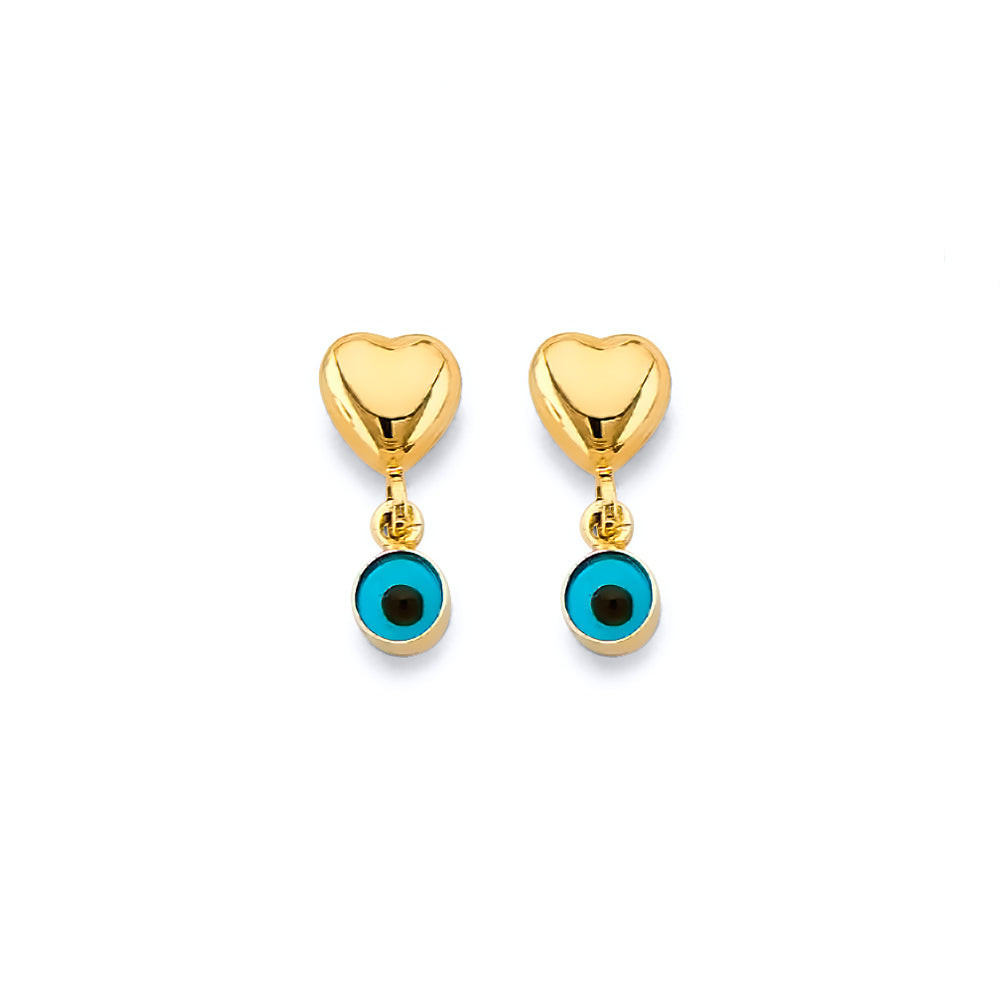 14K Yellow Gold Heart Evil Eye Push Back Earring