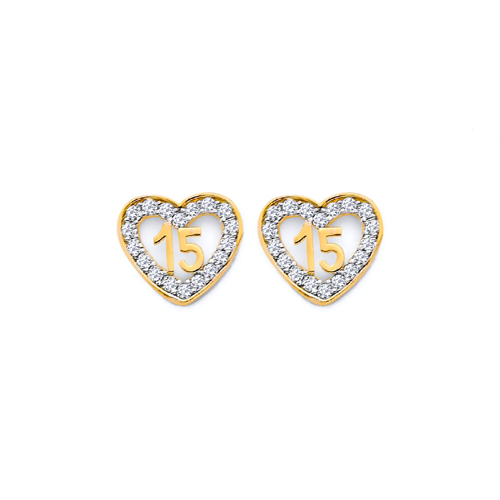 14K Yellow Gold CZ Heart 15 Years Push Back Earring