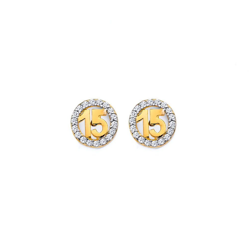 14K Yellow Gold CZ Round 15 Years Push Back Earring