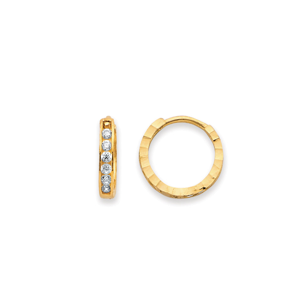 14K Yellow Gold Side Diamond Cut CZ Huggies Earring