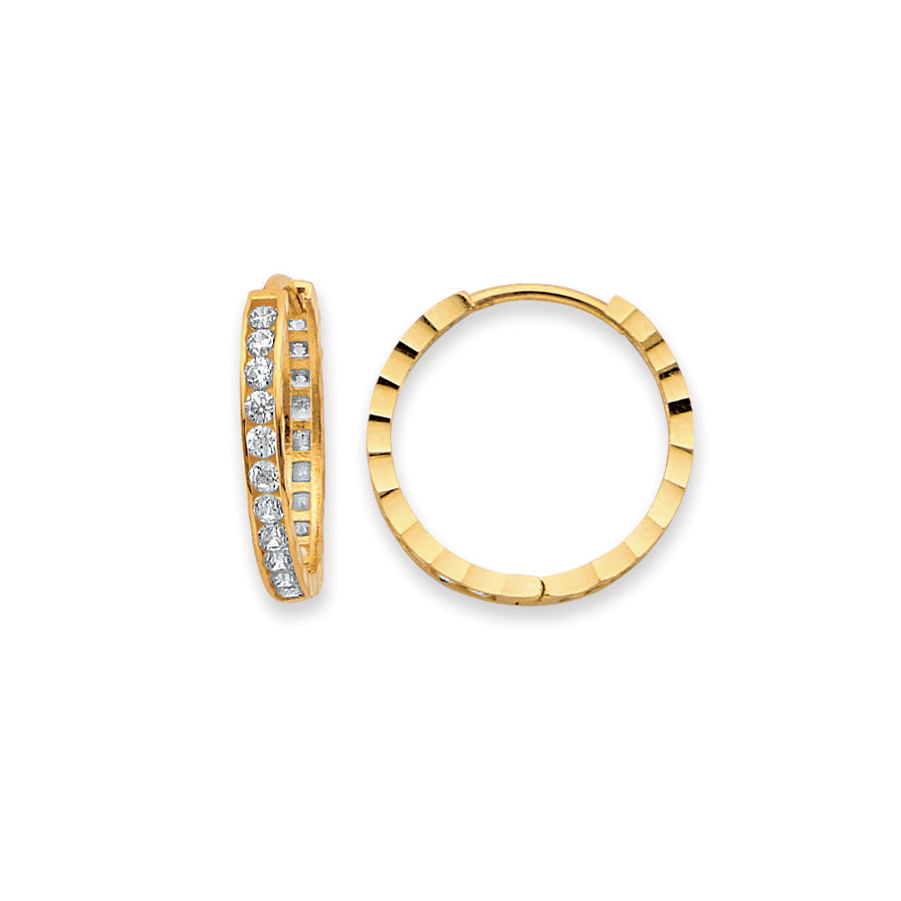14K Yellow Gold Side Diamond Cut CZ Huggies Earring