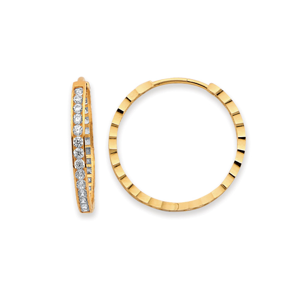 14K Yellow Gold Side Diamond Cut CZ Huggies Earring