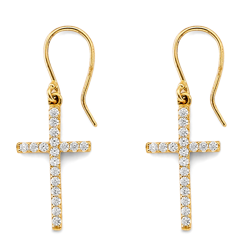 14K Yellow Gold CZ Cross Hanging Earring