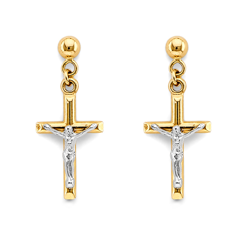 14K Two Tone Gold Crucific Hanging Push Back Ear
