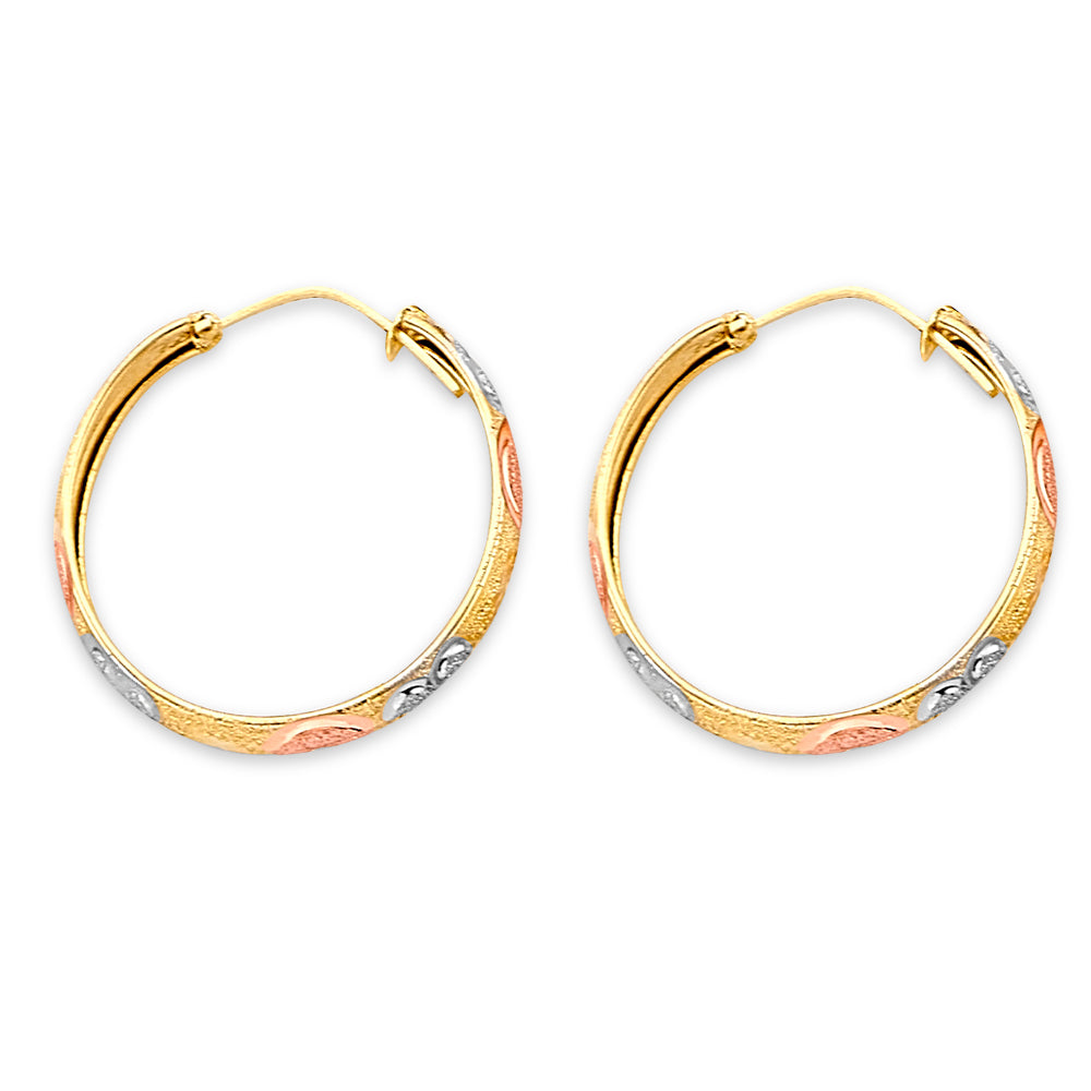 14K Yellow White Rose Gold Diamond Cut Heart Hoop Earring