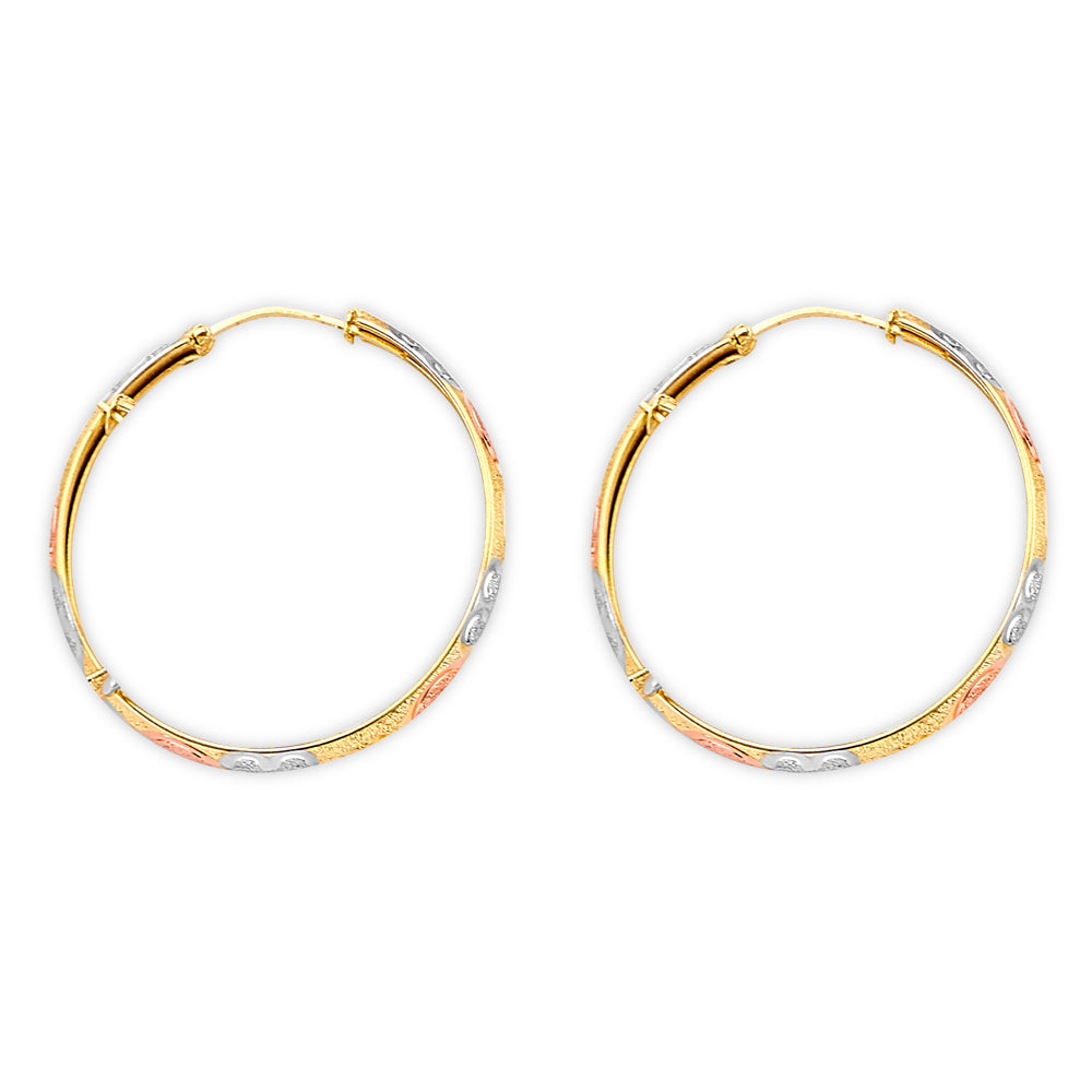 14K Yellow White Rose Gold Diamond Cut Heart Hoop Earring