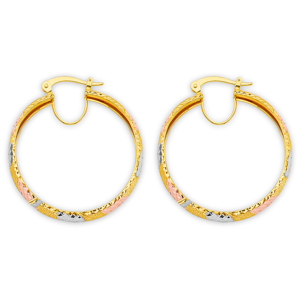 14K Yellow White Rose Gold Diamond Cut Hoop Earring